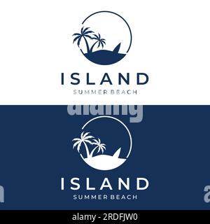 Sommerurlaub kreatives Logo am Strand mit Symbolen von Wellen, Palmen und Surfbrettern im Retro-Stil. Emblem, Label, Poster, Abzeichen. Stock Vektor