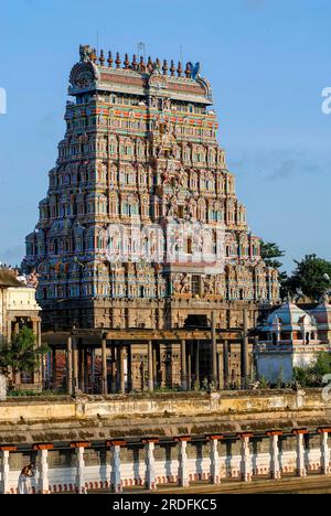 Der Sivaganga-Tank, umgeben von Kolonnaden mit östlichem Gopuram-Turm im Thillai Nataraja-Tempel in Chidambaram, Tamil Nadu, Südindien, Indien, Asien Stockfoto