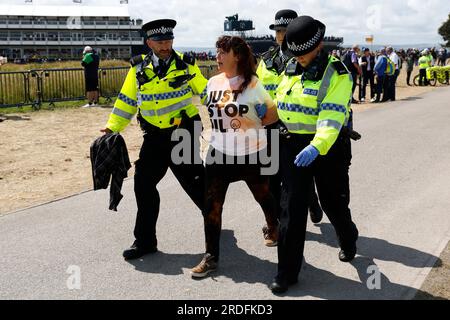 Ein Just Stop Oil Demonstranten wird von der Polizei am zweiten Tag der Open im Royal Liverpool, Wirral, mitgenommen. Bilddatum: Freitag, 21. Juli 2023. Stockfoto