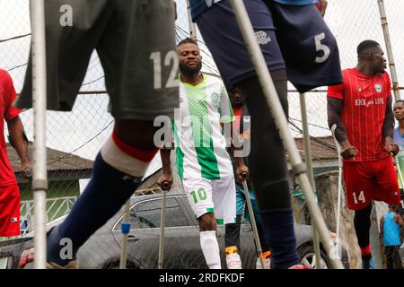 Die nigerianische Amputee-Fußballmannschaft hielt im Vorfeld des Afrikanischen Paralympischen Fußballturniers in Accra, Ghana, eine Trainingssitzung in Lagos ab. Lagos, Nigeria. Stockfoto