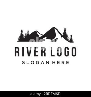 Logos von Flüssen, Bächen, Flüssen und Flüssen. River Logo mit einer Kombination aus Bergen und Ackerland und Vektordesign. Stock Vektor