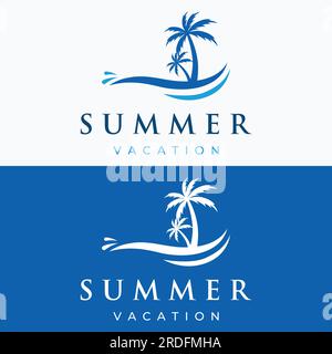 Sommerurlaub kreatives Logo am Strand mit Symbolen von Wellen, Palmen und Surfbrettern im Retro-Stil. Emblem, Label, Poster, Abzeichen. Stock Vektor