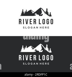 Logos von Flüssen, Bächen, Flüssen und Flüssen. River Logo mit einer Kombination aus Bergen und Ackerland und Vektordesign. Stock Vektor