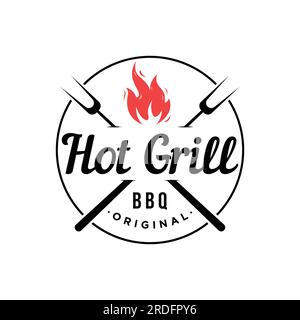 BBQ Hot Grill Vintage-Schriftzeichen mit gekreuzten Flammen und Spachtel. Logo für Restaurant, Marke, Café und Bar. Stock Vektor