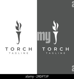 Logo der minimalistischen Liberty-Taschenlampe. Taschenlampe mit einfacher Form. Eleganter Buchstabe T, Feuer und Säule. Stock Vektor