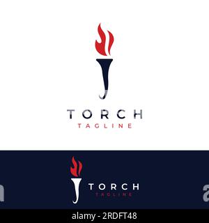Logo der minimalistischen Liberty-Taschenlampe. Taschenlampe mit einfacher Form. Eleganter Buchstabe T, Feuer und Säule. Stock Vektor
