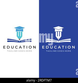 Kreatives Design des Logos für die Studentenausbildung mit einem Schild aus Hut, Buch, Bleistift oder Stift. Inspiriert von Absolventen. Logo für Universitäten, Bildung Stock Vektor