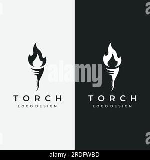 Logo der minimalistischen Liberty-Taschenlampe. Taschenlampe mit einfacher Form. Eleganter Buchstabe T, Feuer und Säule. Stock Vektor
