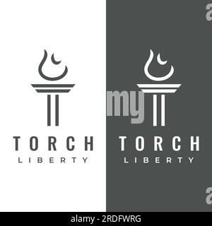 Logo der minimalistischen Liberty-Taschenlampe. Taschenlampe mit einfacher Form. Eleganter Buchstabe T, Feuer und Säule. Stock Vektor