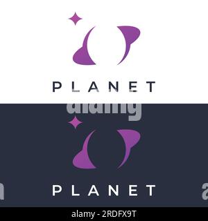 Das Logo des Weltraumplaneten ist von Ringen oder Umlaufbahnen umgeben. Für Plakate, Visitenkarten, Weltraumwissenschaften. Stock Vektor