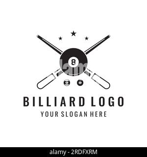 Kreative Logo-Vorlage für Billard und Cue-Stick. Logo für Billard-Sport, -Club, -Turnier und -Meisterschaft. Stock Vektor