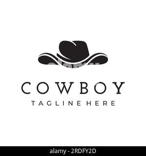 Schlichte Silhouette Cowboyhut minimalistisches Logo isoliert auf schwarzem und weißem Hintergrund. Stock Vektor