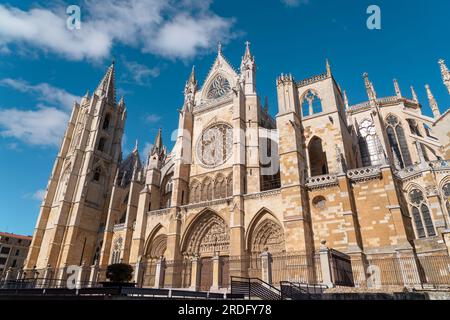 Spektakuläre Kathedrale von Leon. Die Kathedrale Santa María de Regla de León ist eine katholische Kirche im alten Zentrum von Leon. Stockfoto