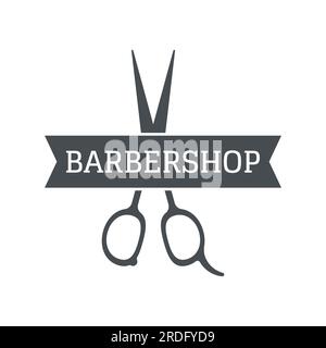 Barbershop-Logo im Vintage-Stil mit dem Konzept von Schere, Rasierer und anderen Werkzeugen. Logo für Business, Salon, Label und Friseur. Stock Vektor