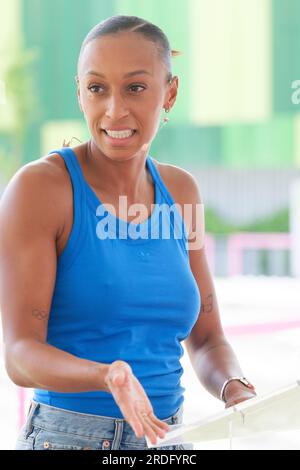 Die spanische Sportlerin Ana Peleteiro bei der Präsentation des Madrider Treffens im Vallermoso-Stadion in Madrid, 21. Juli 2023, Spanien Stockfoto