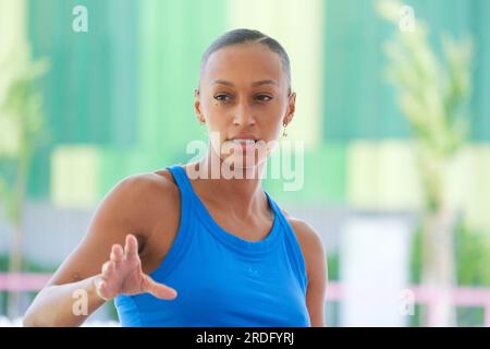 Die spanische Sportlerin Ana Peleteiro bei der Präsentation des Madrider Treffens im Vallermoso-Stadion in Madrid, 21. Juli 2023, Spanien Stockfoto