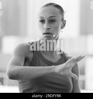 Die spanische Sportlerin Ana Peleteiro bei der Präsentation des Madrider Treffens im Vallermoso-Stadion in Madrid, 21. Juli 2023, Spanien Stockfoto