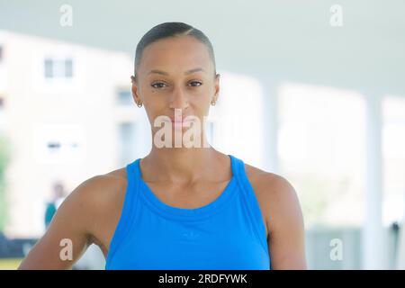 Die spanische Sportlerin Ana Peleteiro bei der Präsentation des Madrider Treffens im Vallermoso-Stadion in Madrid, 21. Juli 2023, Spanien Stockfoto