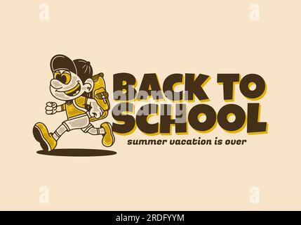 Zurück in die Schule, Maskottchen-Charakterdesign eines Jungen mit Schultasche im Vintage-Stil Stock Vektor