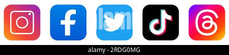 Instagram-, Facebook-, Twitter-, Tik Tok-, Thread-Logos. Social-Media-App. Design kann für Web- und mobile Apps verwendet werden. Vektordarstellung Stock Vektor