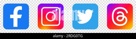 Apps für soziale Medien. Facebook-, Instagram-, Twitter-, Thread-Logos. Vektorsatz auf transparentem Hintergrund isoliert Stock Vektor