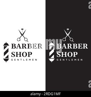 Barbershop-Logo im Vintage-Stil mit dem Konzept von Schere, Rasierer und anderen Werkzeugen. Logo für Business, Salon, Label und Friseur. Stock Vektor