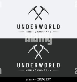 Kreuzhacke im Retro-Stil, Konzept für Unternehmen, Etiketten, Industrie- oder Bergbauwerkzeug. Stock Vektor