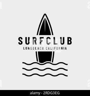 Altes Surfbrett Logo, Surfen am Sommerstrand. Für Business, Abzeichen, Urlaub, Label, Emblem. Stock Vektor