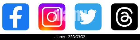 Satz von Social-Media-Symbolen. Facebook, Instagram, Twitter, Threads. Design kann für Web- und mobile Apps verwendet werden. Vektordarstellung Stock Vektor
