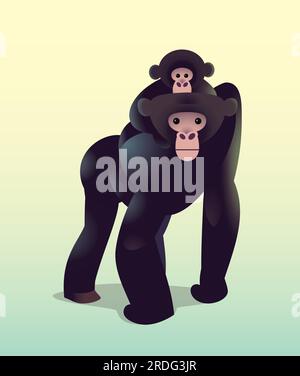 Affen-Illustration. Primaten. Baby-Bonobo auf moms Rücken-Vektorbild. Buchbild für Kinder. Stock Vektor