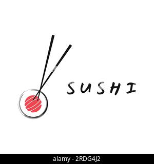 Sushi-Logo-Vorlage. Meeresfrüchte oder traditionelle japanische Küche mit Lachs, köstliche Speisen. Logo für japanisches Restaurant, Bar, Sushi-Shop. Stock Vektor
