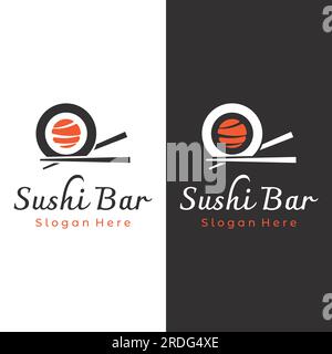 Sushi-Logo-Vorlage. Meeresfrüchte oder traditionelle japanische Küche mit Lachs, köstliche Speisen. Logo für japanisches Restaurant, Bar, Sushi-Shop. Stock Vektor