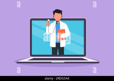 Eine Cartoon-Zeichnung, eine Ärztin, kommt aus dem Laptop-Bildschirm und hält ein Stethoskop. Medizinische Online-Dienste. Digitale Gesundheitsberatung Stockfoto