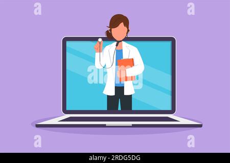 Grafik-Flachbild-Zeichnung Ärztin kommt aus Laptop-Bildschirm mit Stethoskop. Medizinische Online-Dienste. Digitale Gesundheitsberatung Stockfoto