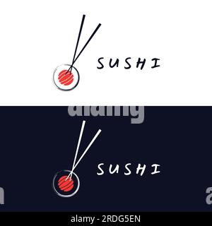 Sushi-Logo-Vorlage. Meeresfrüchte oder traditionelle japanische Küche mit Lachs, köstliche Speisen. Logo für japanisches Restaurant, Bar, Sushi-Shop. Stock Vektor