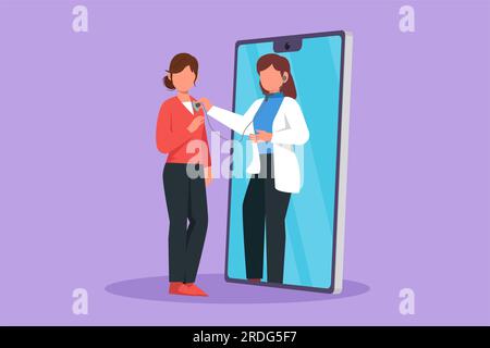 Cartoon-Zeichnung eine Ärztin kommt vom Smartphone-Bildschirm und prüft die Herzfrequenz der Patientin mit einem Stethoskop. Online-Arzt oder -Arzt Stockfoto
