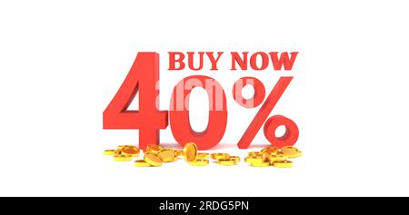 3D-Rendering. 40 % Rabatt mit Goldmünze und weißem Hintergrund. Sonderangebot 40 % Rabatt Tag. Super-Sale-Angebot, wenn Sie jetzt kaufen. Stockfoto