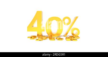 3D-Rendering. 40 % Rabatt mit Goldmünze und weißem Hintergrund. Sonderangebot 40 % Rabatt Tag. Sonderangebot und Bestseller. Stockfoto