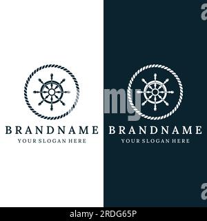 Kreuzfahrtruder-Logo mit Meereswellen, Retro-Seilen und Ankerplätzen. Logo für Unternehmen, Matrosen, Segeln. Stock Vektor