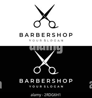 Kreatives und einfaches, klassisches Haarschnitt-Salon-Scheren-Logo isoliert auf schwarzem und weißem Hintergrund. Für Business, Friseur, Salon, Beauty. Stock Vektor