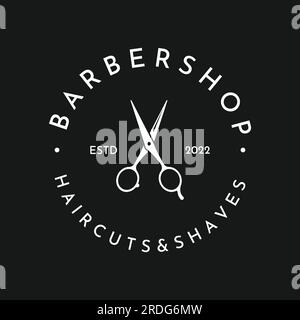 Kreatives und einfaches, klassisches Haarschnitt-Salon-Scheren-Logo isoliert auf schwarzem und weißem Hintergrund. Für Business, Friseur, Salon, Beauty. Stock Vektor