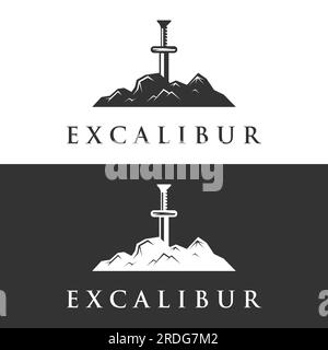 Schwert, Schild, excalibur Vintage-Silhouette-Logo-Design. Stock Vektor