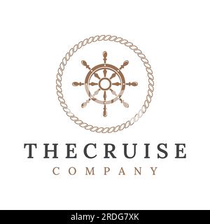 Kreuzfahrtruder-Logo mit Meereswellen, Retro-Seilen und Ankerplätzen. Logo für Unternehmen, Matrosen, Segeln. Stock Vektor
