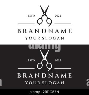 Kreatives und einfaches, klassisches Haarschnitt-Salon-Scheren-Logo isoliert auf schwarzem und weißem Hintergrund. Für Business, Friseur, Salon, Beauty. Stock Vektor