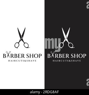 Kreatives und einfaches, klassisches Haarschnitt-Salon-Scheren-Logo isoliert auf schwarzem und weißem Hintergrund. Für Business, Friseur, Salon, Beauty. Stock Vektor