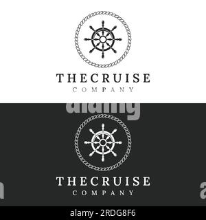 Kreuzfahrtruder-Logo mit Meereswellen, Retro-Seilen und Ankerplätzen. Logo für Unternehmen, Matrosen, Segeln. Stock Vektor