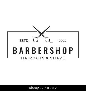 Kreatives und einfaches, klassisches Haarschnitt-Salon-Scheren-Logo isoliert auf schwarzem und weißem Hintergrund. Für Business, Friseur, Salon, Beauty. Stock Vektor