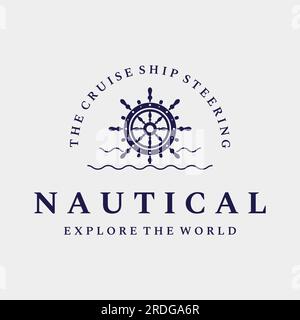Kreuzfahrtruder-Logo mit Meereswellen, Retro-Seilen und Ankerplätzen. Logo für Unternehmen, Matrosen, Segeln. Stock Vektor