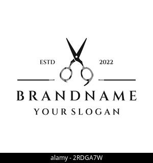 Kreatives und einfaches, klassisches Haarschnitt-Salon-Scheren-Logo isoliert auf schwarzem und weißem Hintergrund. Für Business, Friseur, Salon, Beauty. Stock Vektor