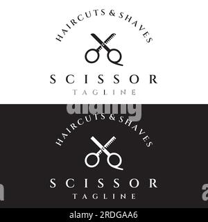 Kreatives und einfaches, klassisches Haarschnitt-Salon-Scheren-Logo isoliert auf schwarzem und weißem Hintergrund. Für Business, Friseur, Salon, Beauty. Stock Vektor